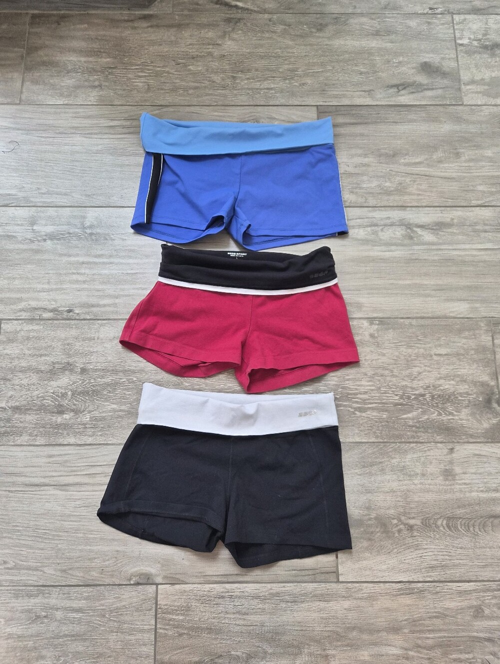 Bebe Sport Foldover Waist Athletic Shorts Trio - Blue, Red & Black